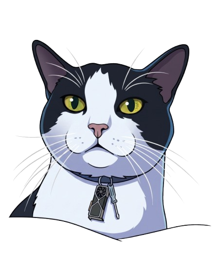 Illustrated tuxedo cat wearing a collar with tags