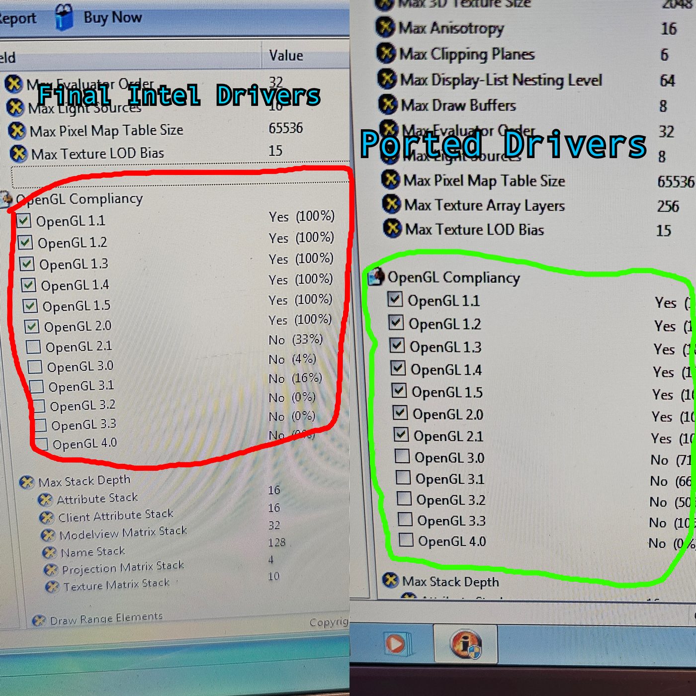 Comparison of GPU Caps Viewer OpenGL compliance reports between final Intel drivers and ported Arrandale drivers on a GMA X3100
