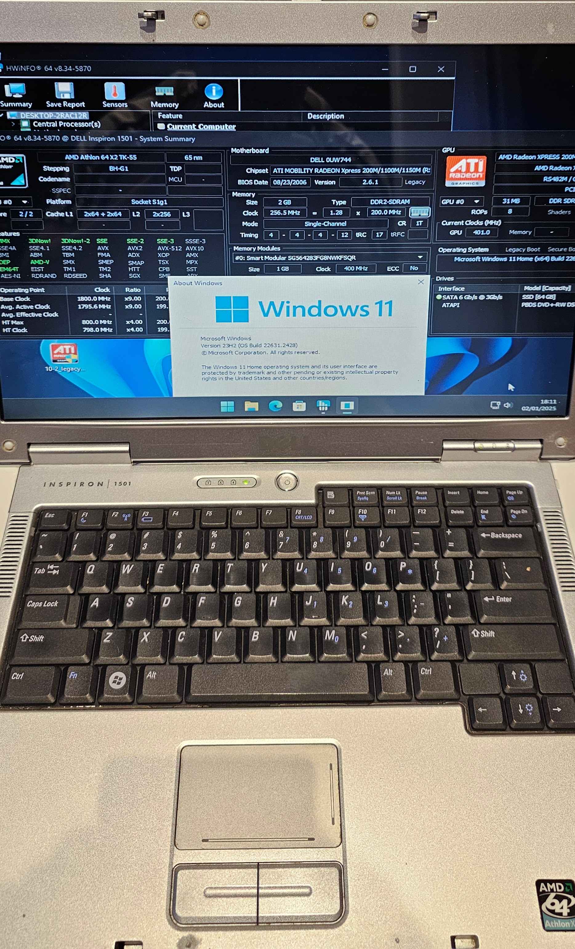 HWiNFO system summary showing Athlon 64 X2 TK-55, ATI Radeon Xpress GPU, and Windows 11 About dialog