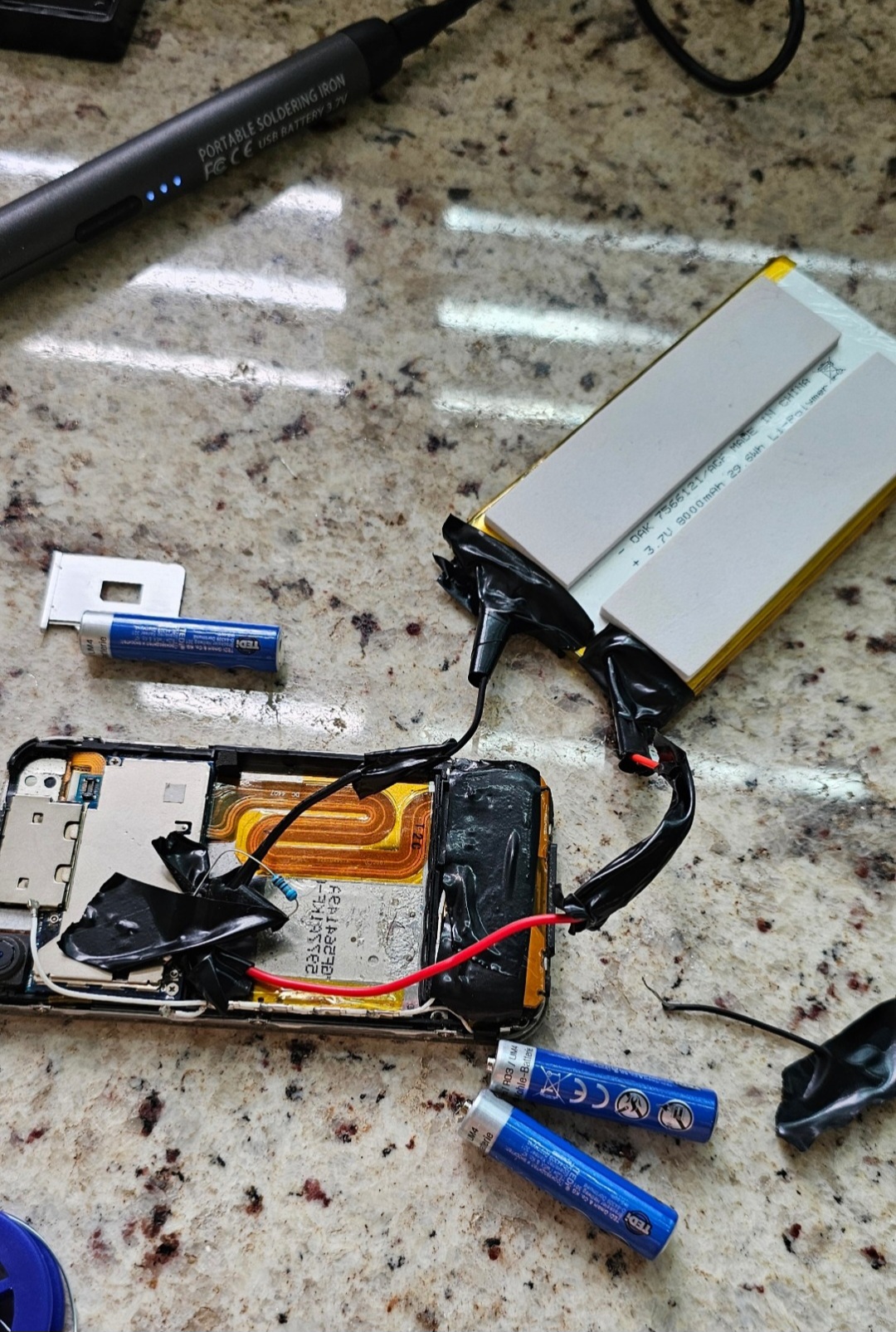 New battery wired in with soldered leads and heat shrink