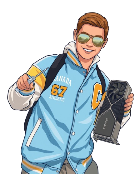 Illustrated mascot holding a screwdriver and a graphics card